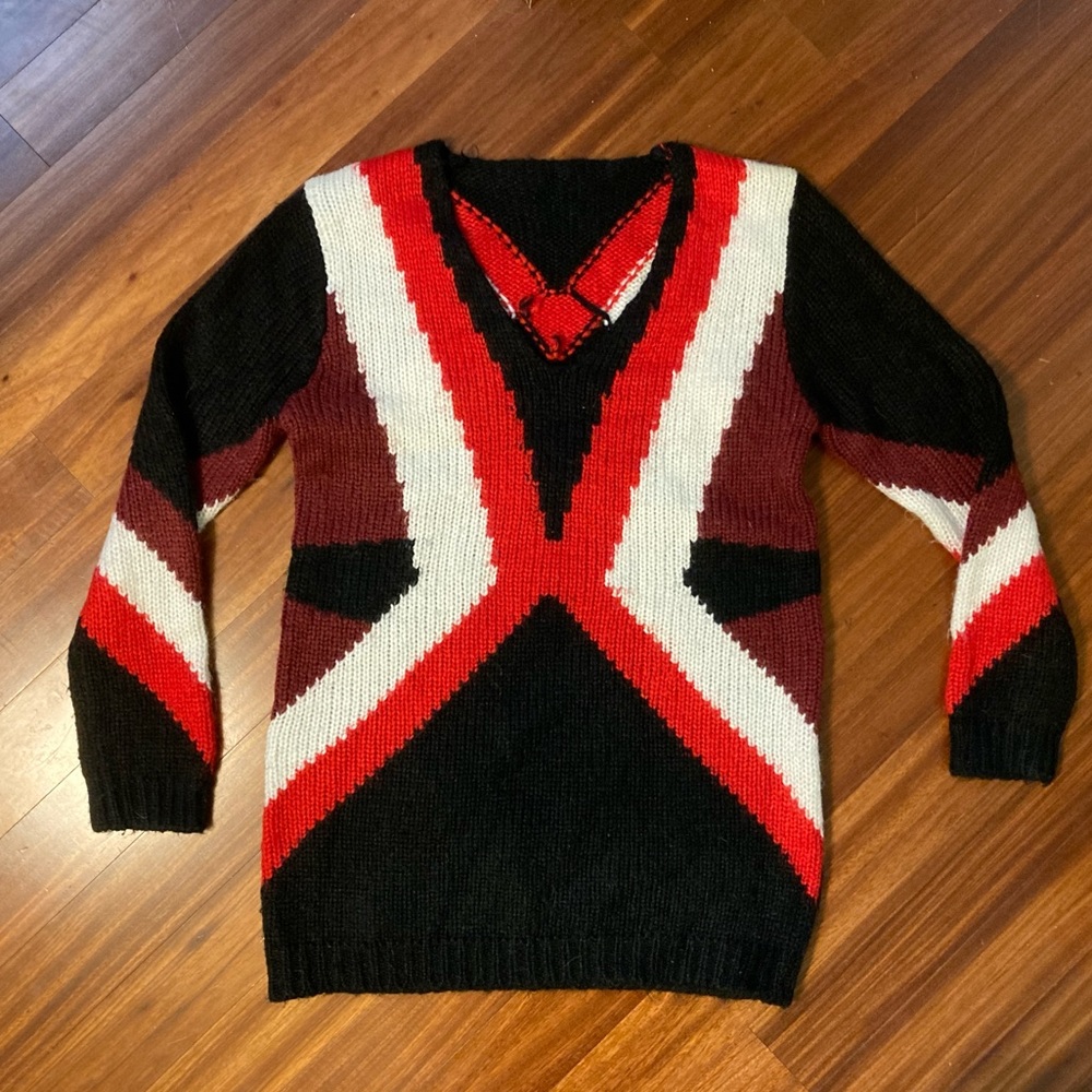 Vintage Color Block Oversized V-neck Sweater